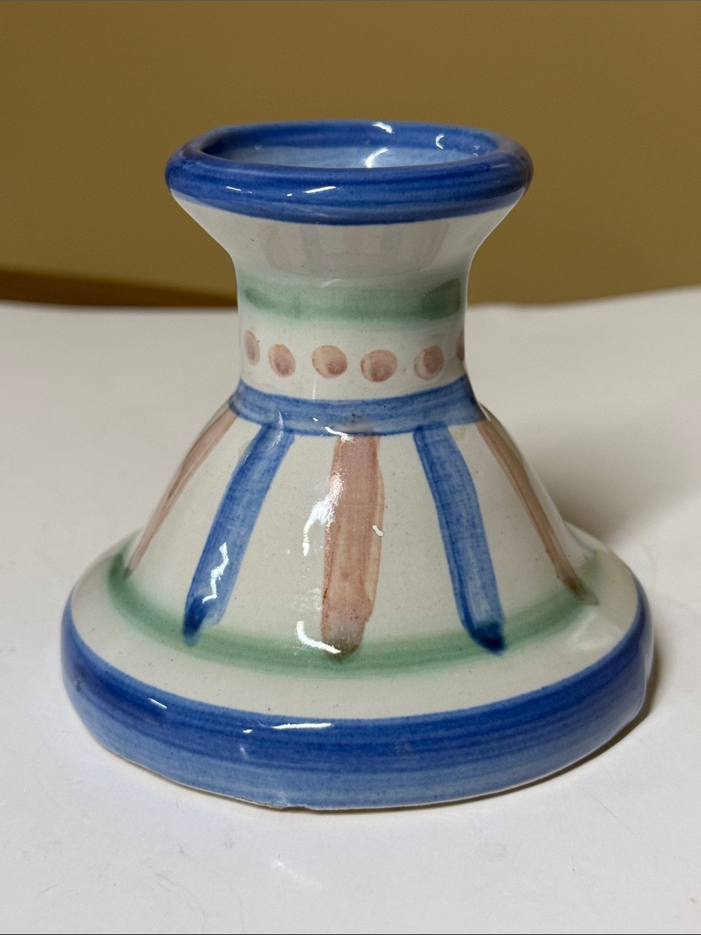 M A Hadley Pottery Candlestick Holder Stoneware Dots Stripes Blue & Pink Signed